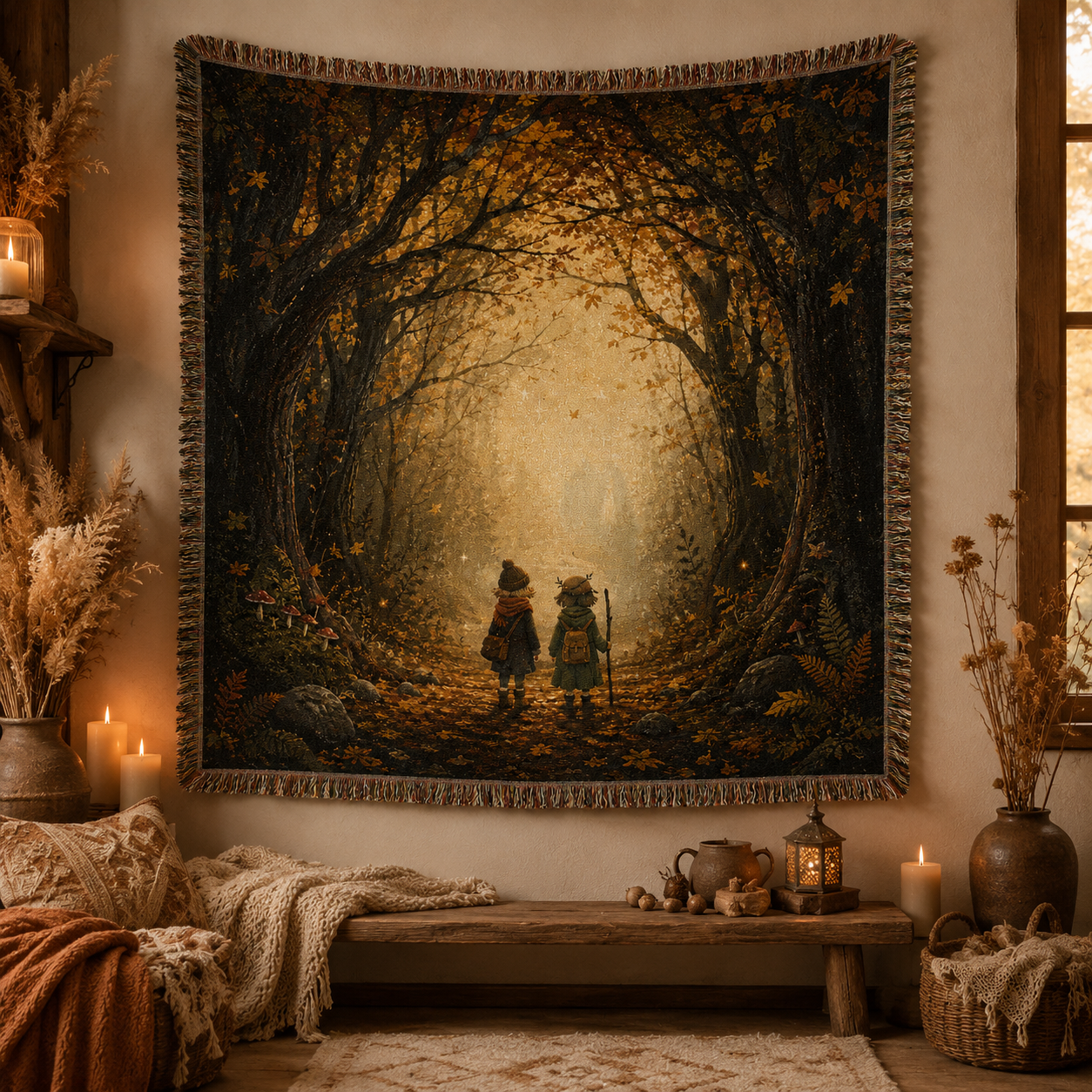 Enchanted autumn forest woven blanket displayed as a warm cottage wall tapestry