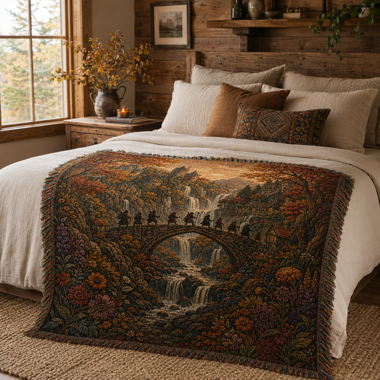 Enchanted autumn ravine woven blanket styled across a rustic cabin bed in warm autumn light