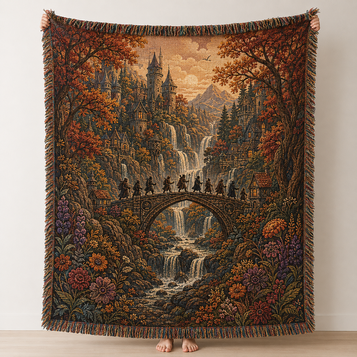 Enchanted autumn ravine woven blanket with fantasy towers waterfalls stone bridge travelers and floral tapestry artwork