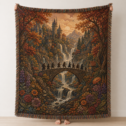 Enchanted autumn ravine woven blanket with fantasy towers waterfalls stone bridge travelers and floral tapestry artwork