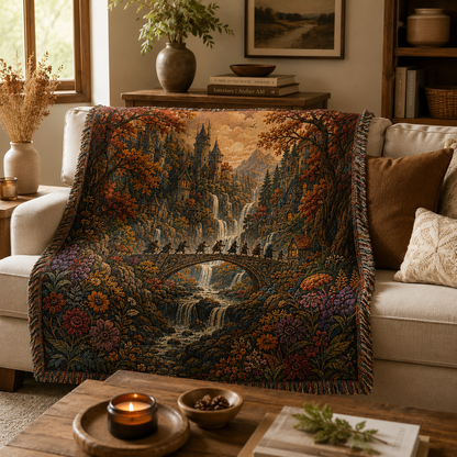 Enchanted autumn ravine woven blanket draped over a neutral sofa in a warm rustic living room