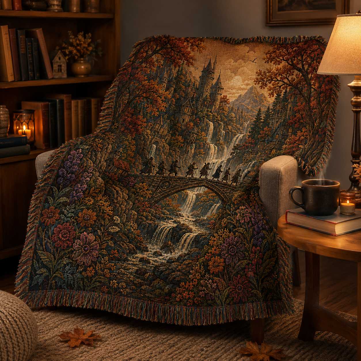 Enchanted autumn ravine woven blanket draped over a cozy reading chair beside books and warm lamp light