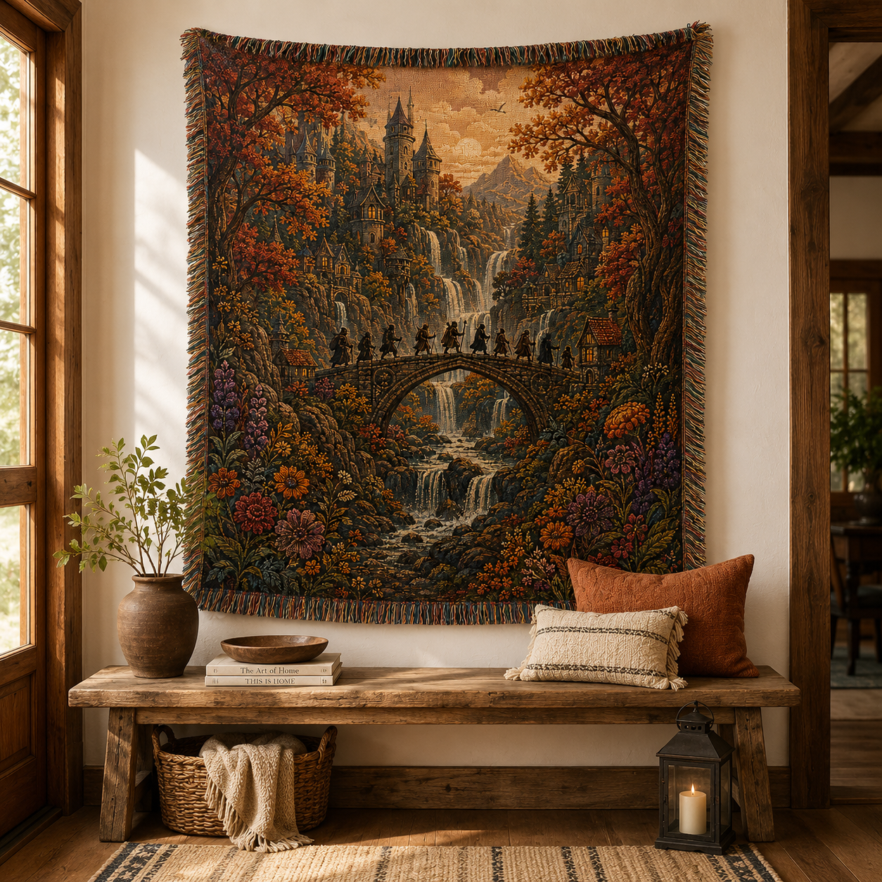 Enchanted autumn ravine woven blanket displayed as fantasy wall tapestry above a rustic wooden bench