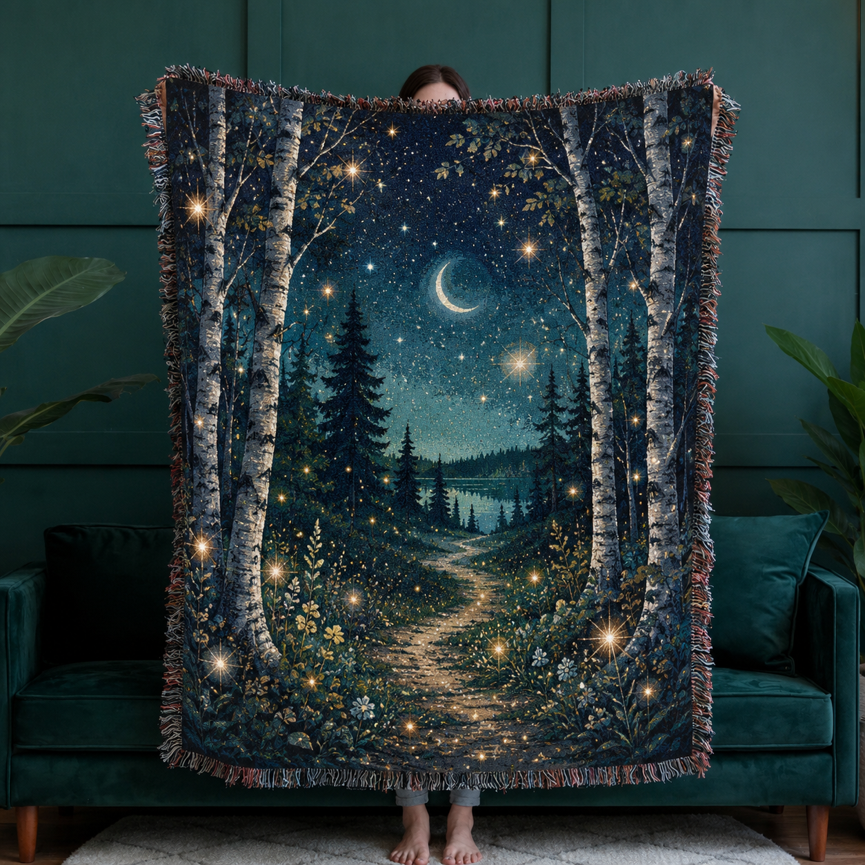 Enchanted birch moonlight woven tapestry blanket with crescent moon, glowing stars, forest path and distant lake