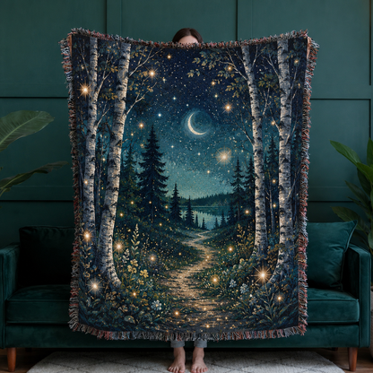 Enchanted birch moonlight woven tapestry blanket with crescent moon, glowing stars, forest path and distant lake