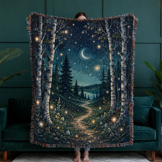Enchanted birch moonlight woven tapestry blanket with crescent moon, glowing stars, forest path and distant lake