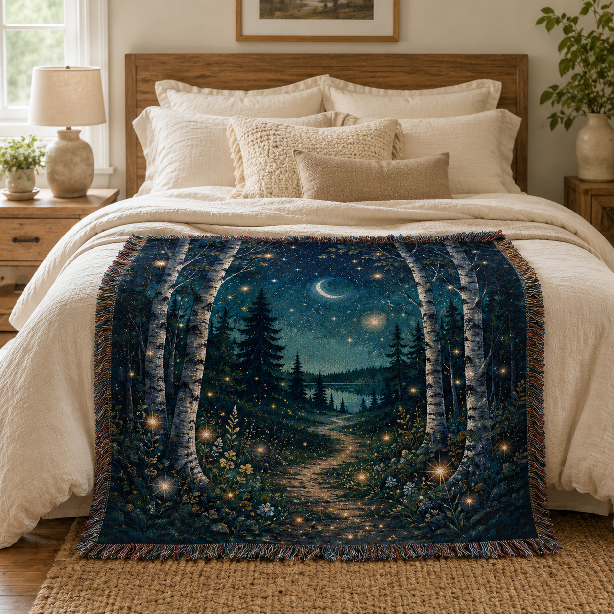 Enchanted birch moonlight woven tapestry blanket styled across a cozy cream bedroom bed