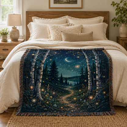 Enchanted birch moonlight woven tapestry blanket styled across a cozy cream bedroom bed