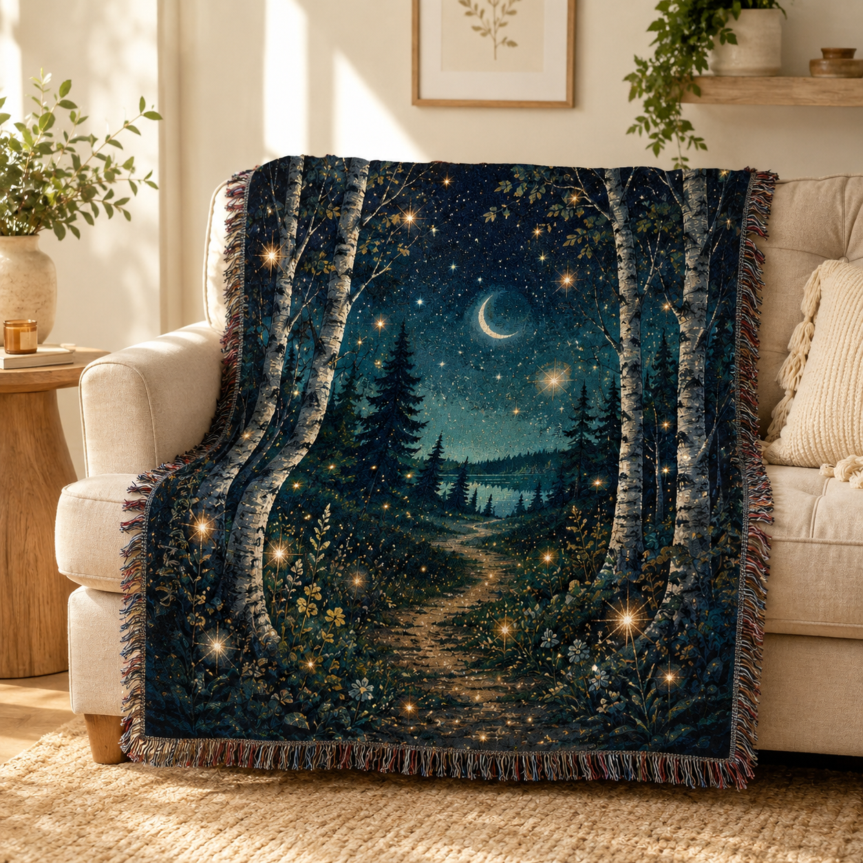 Enchanted birch moonlight woven tapestry blanket draped over a beige sofa in a bright living room