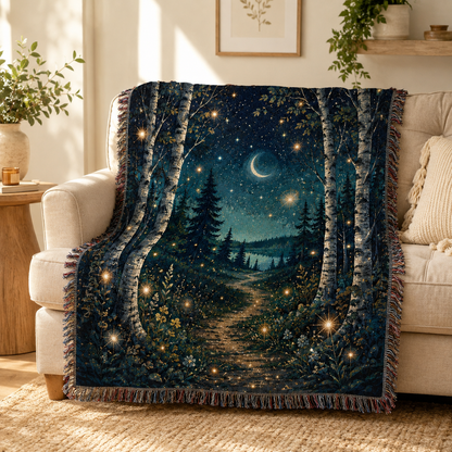 Enchanted birch moonlight woven tapestry blanket draped over a beige sofa in a bright living room