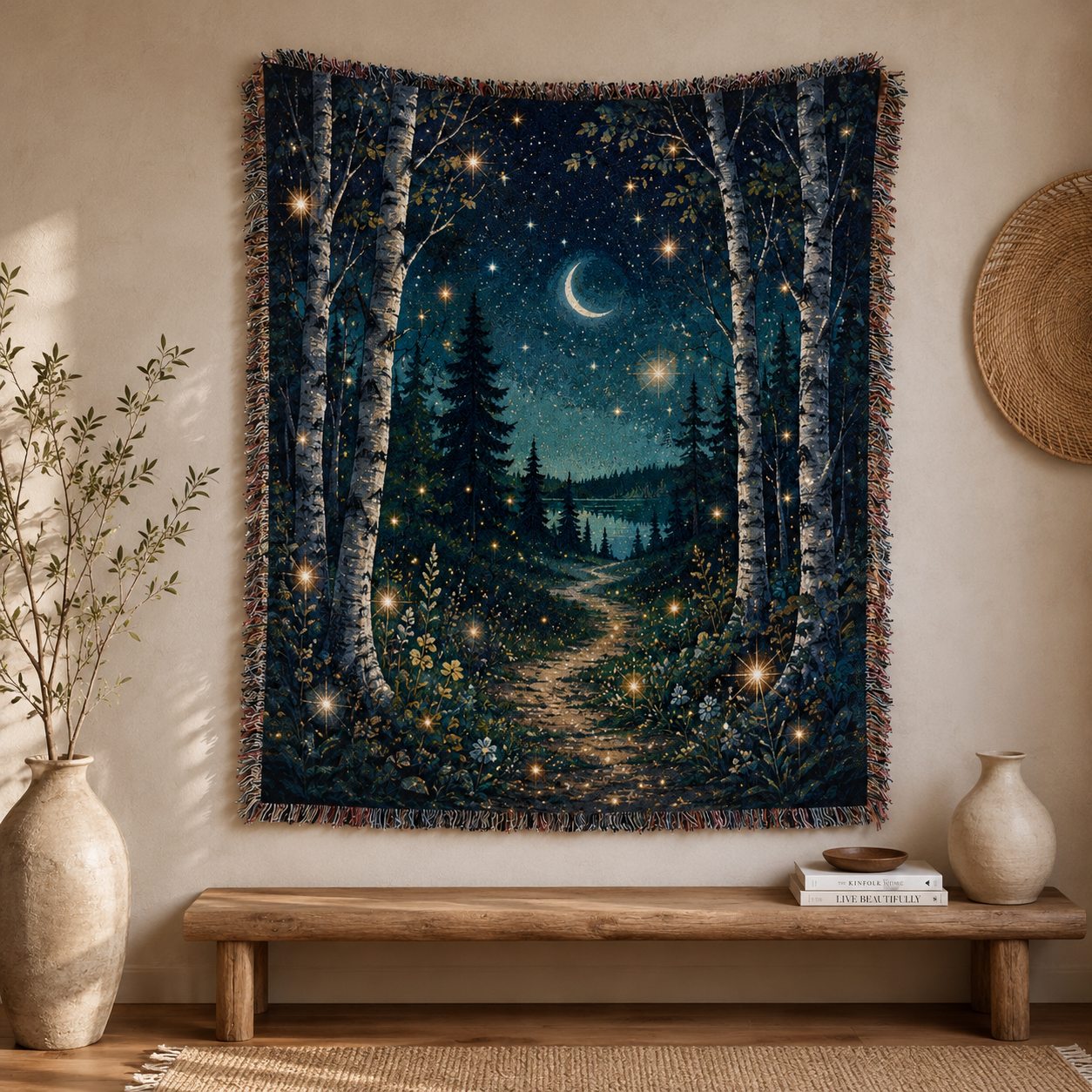 Enchanted birch moonlight woven tapestry displayed as wall decor above a rustic wooden bench