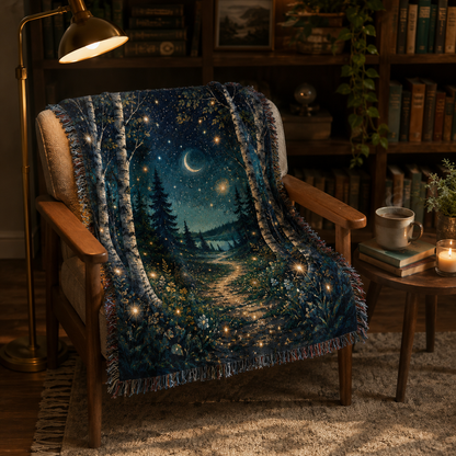 Enchanted birch moonlight woven tapestry blanket draped over a wooden reading chair in a warm library nook
