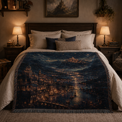 Enchanted castle woven blanket displayed across a cozy fantasy bedroom bed