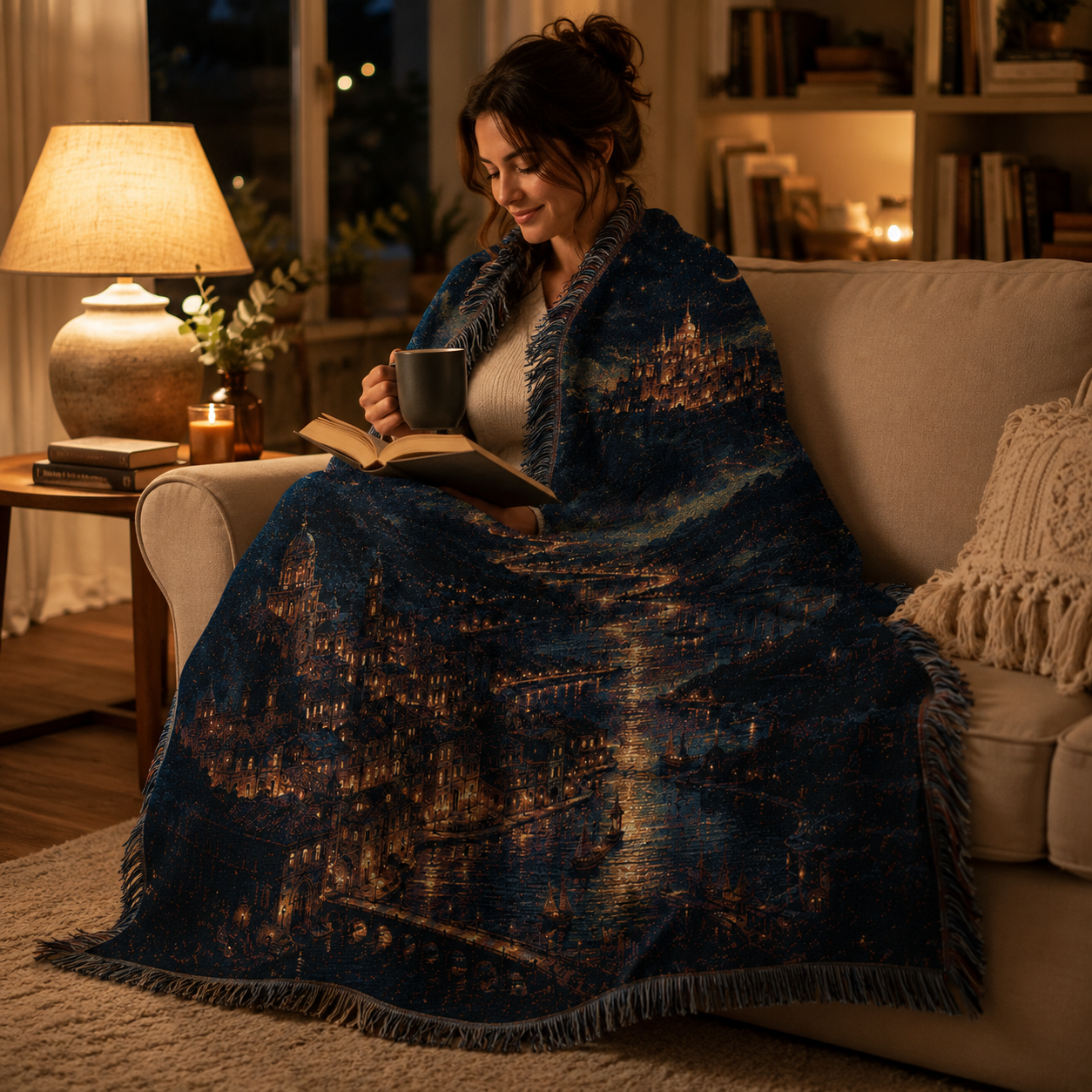 Woman reading while wrapped in an enchanted castle night woven blanket