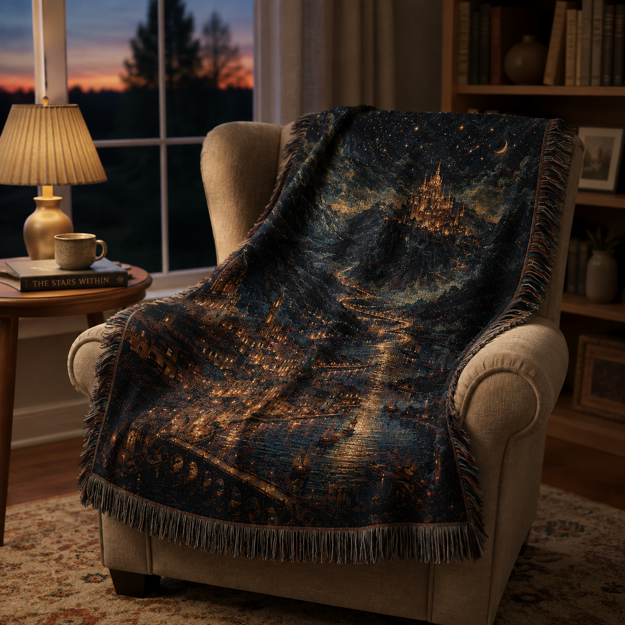 Enchanted castle woven throw blanket draped over a reading chair at dusk
