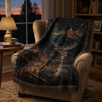 Enchanted castle woven throw blanket draped over a reading chair at dusk