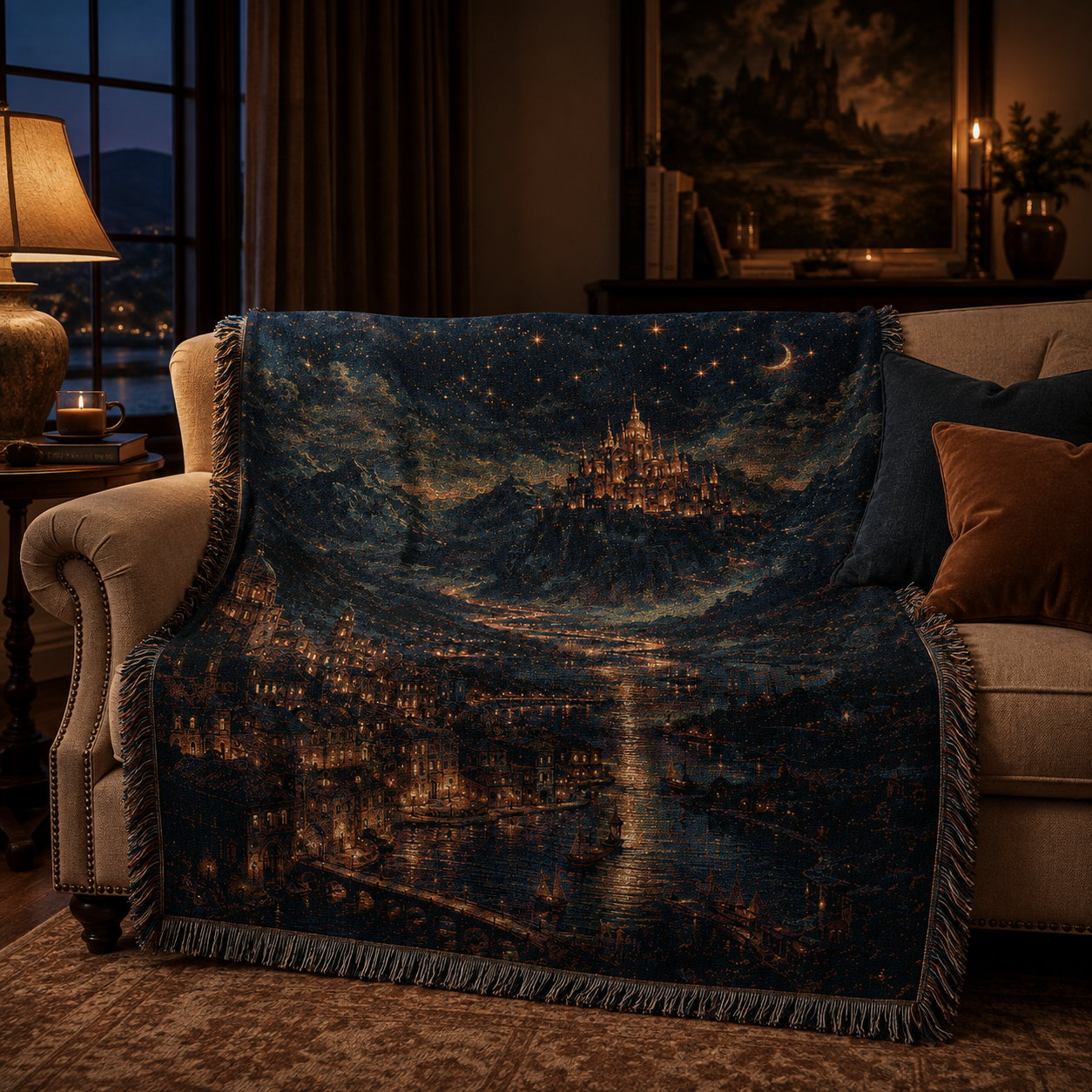 Fantasy castle woven throw blanket styled on a cozy living room sofa
