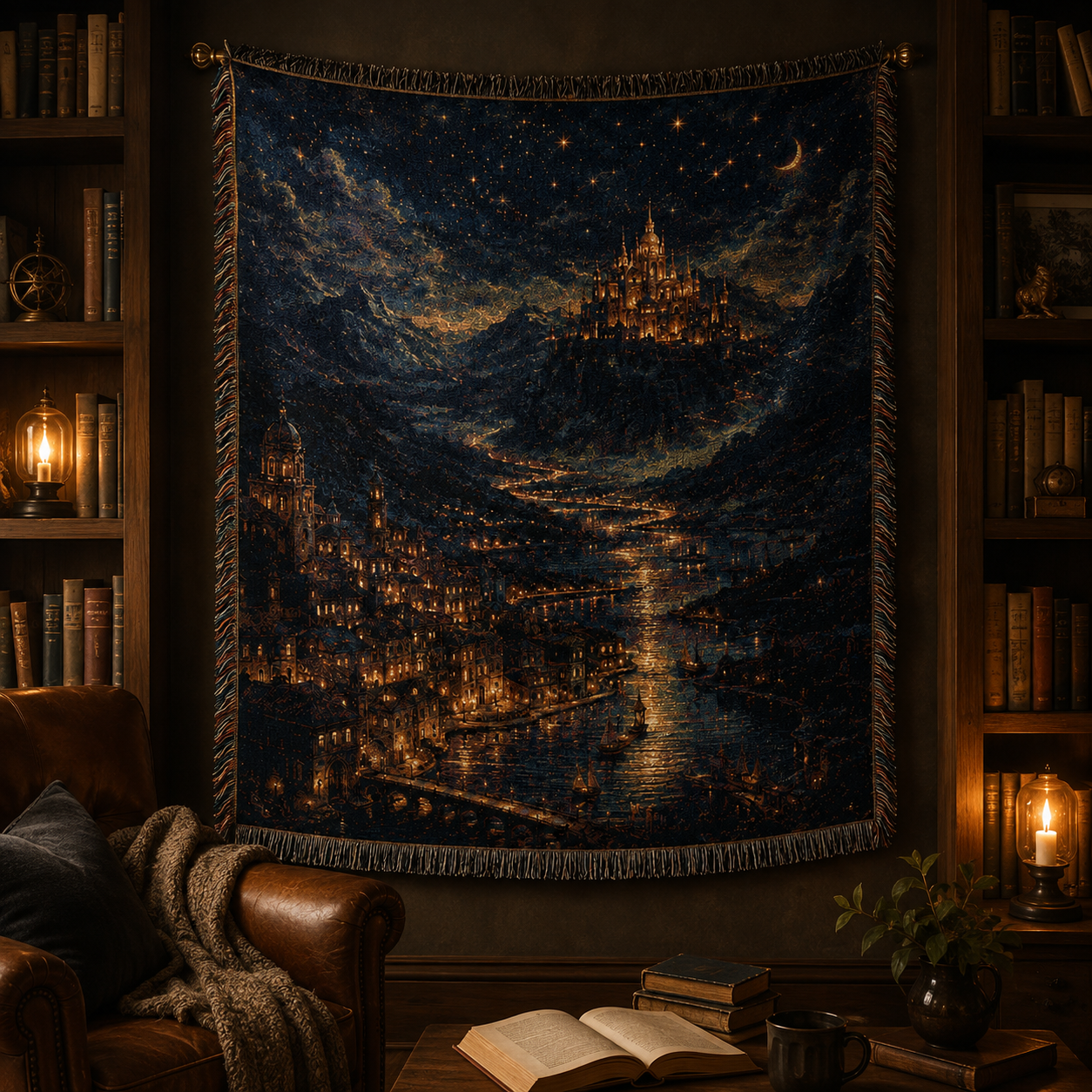 Fantasy castle night woven blanket displayed as tapestry wall decor in a library