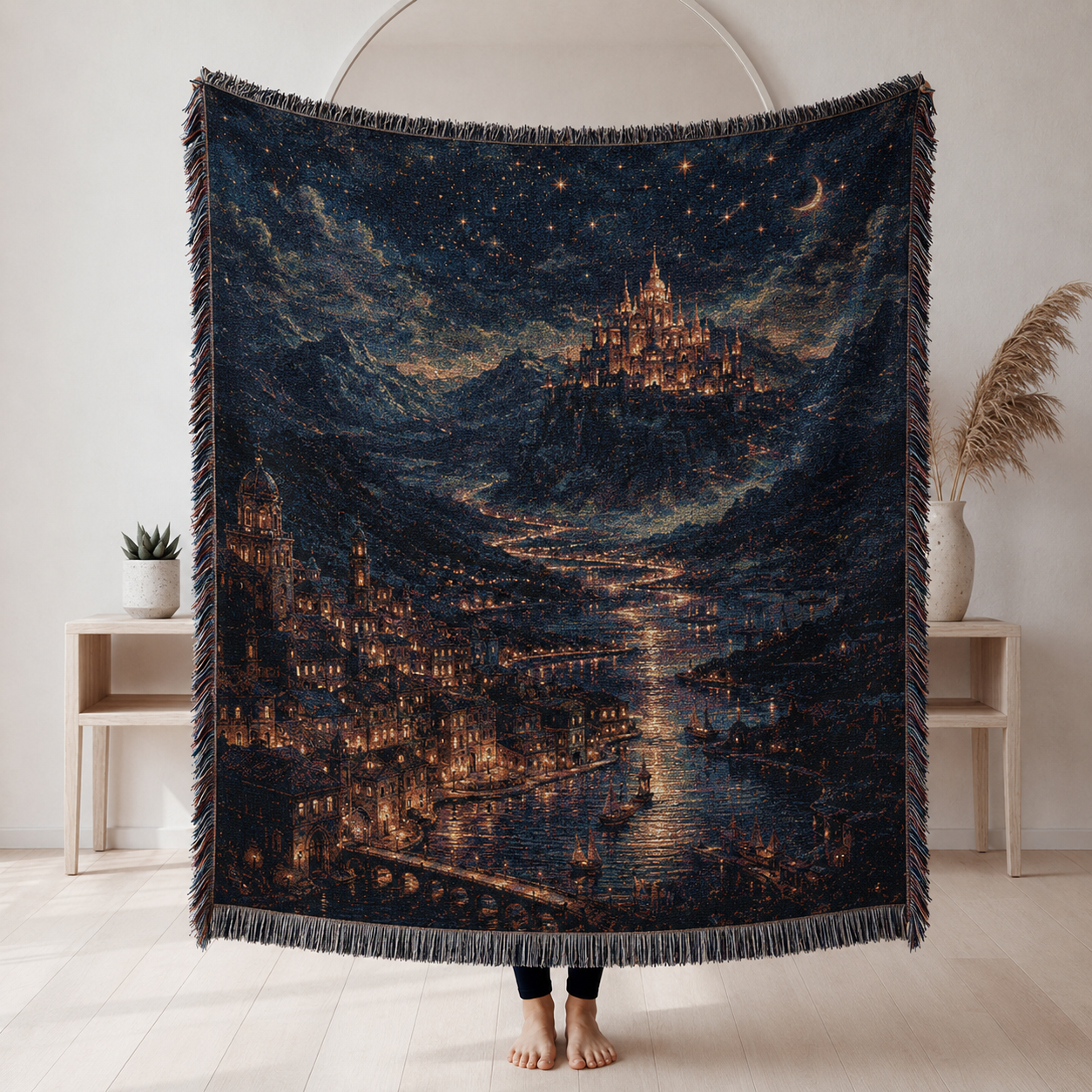 Enchanted castle night woven throw blanket with glowing river and starry sky