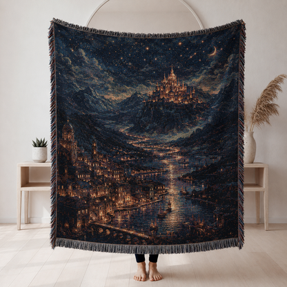 Enchanted castle night woven throw blanket with glowing river and starry sky
