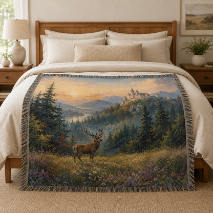 Castle and stag woven blanket displayed across a neutral bed