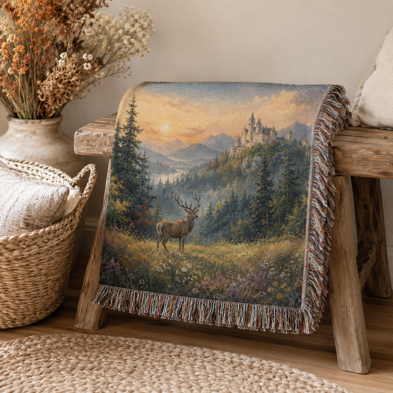 Castle and stag woven blanket folded over a rustic wooden bench