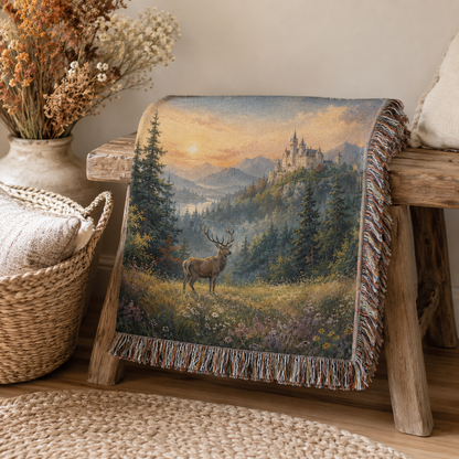 Castle and stag woven blanket folded over a rustic wooden bench