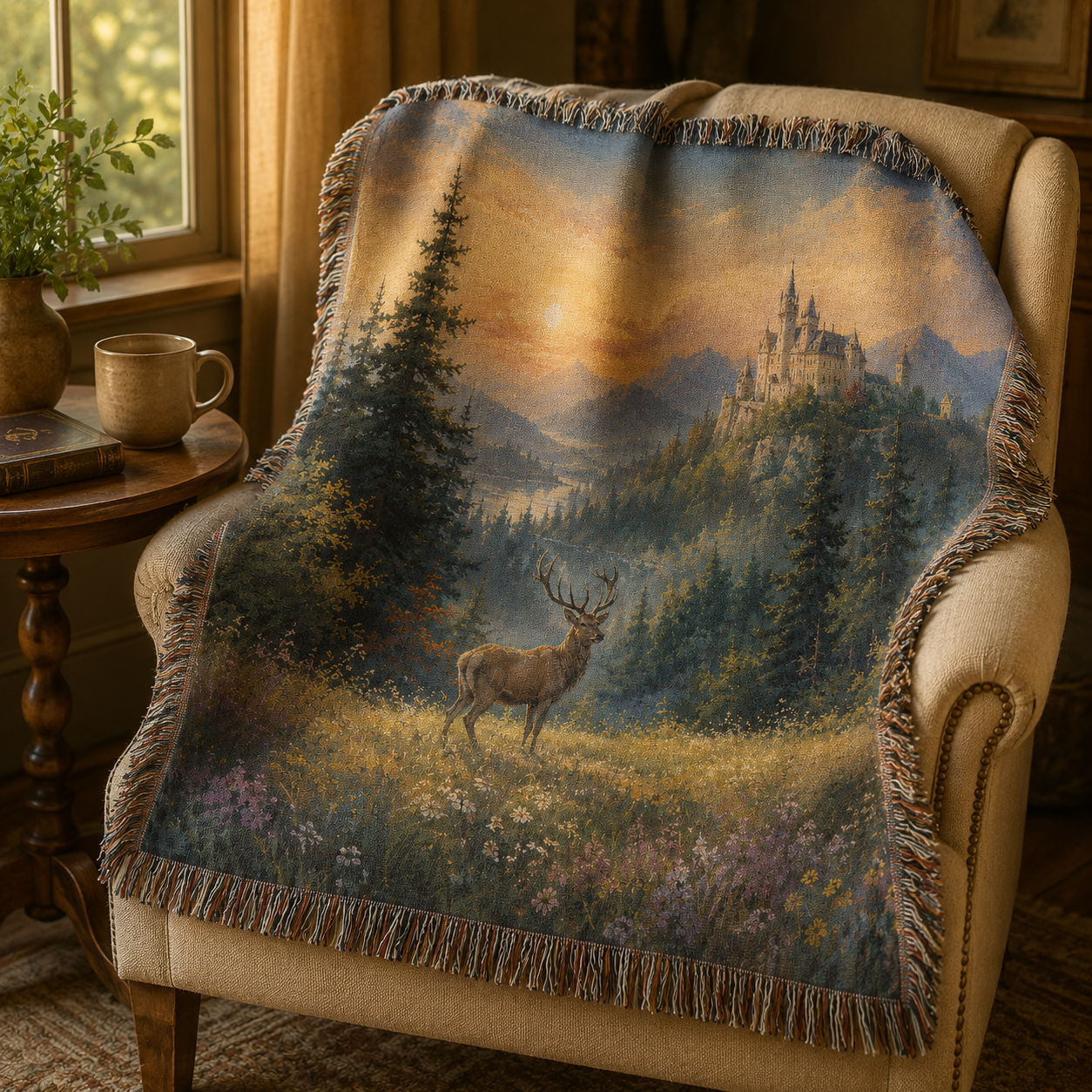 Castle and stag woven blanket draped over a cozy accent chair