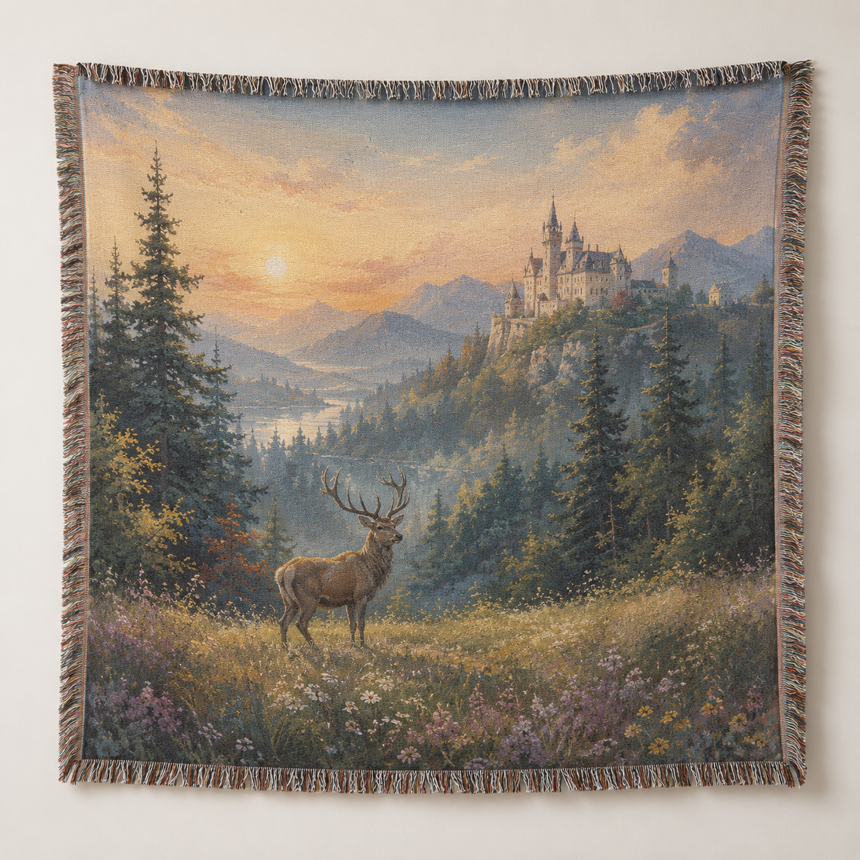 Enchanted castle and stag woven blanket product view