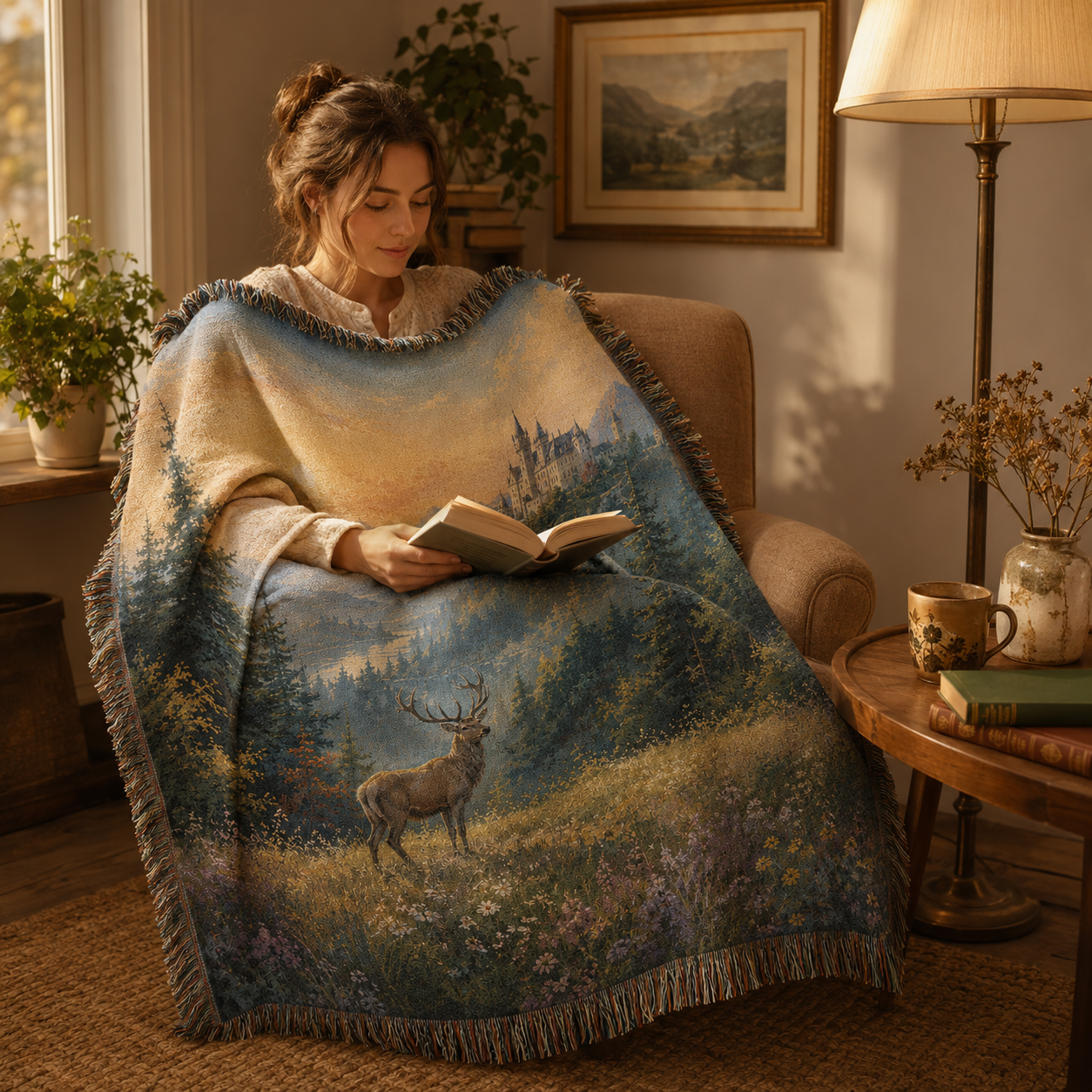 Woman reading while wrapped in a castle and stag woven blanket