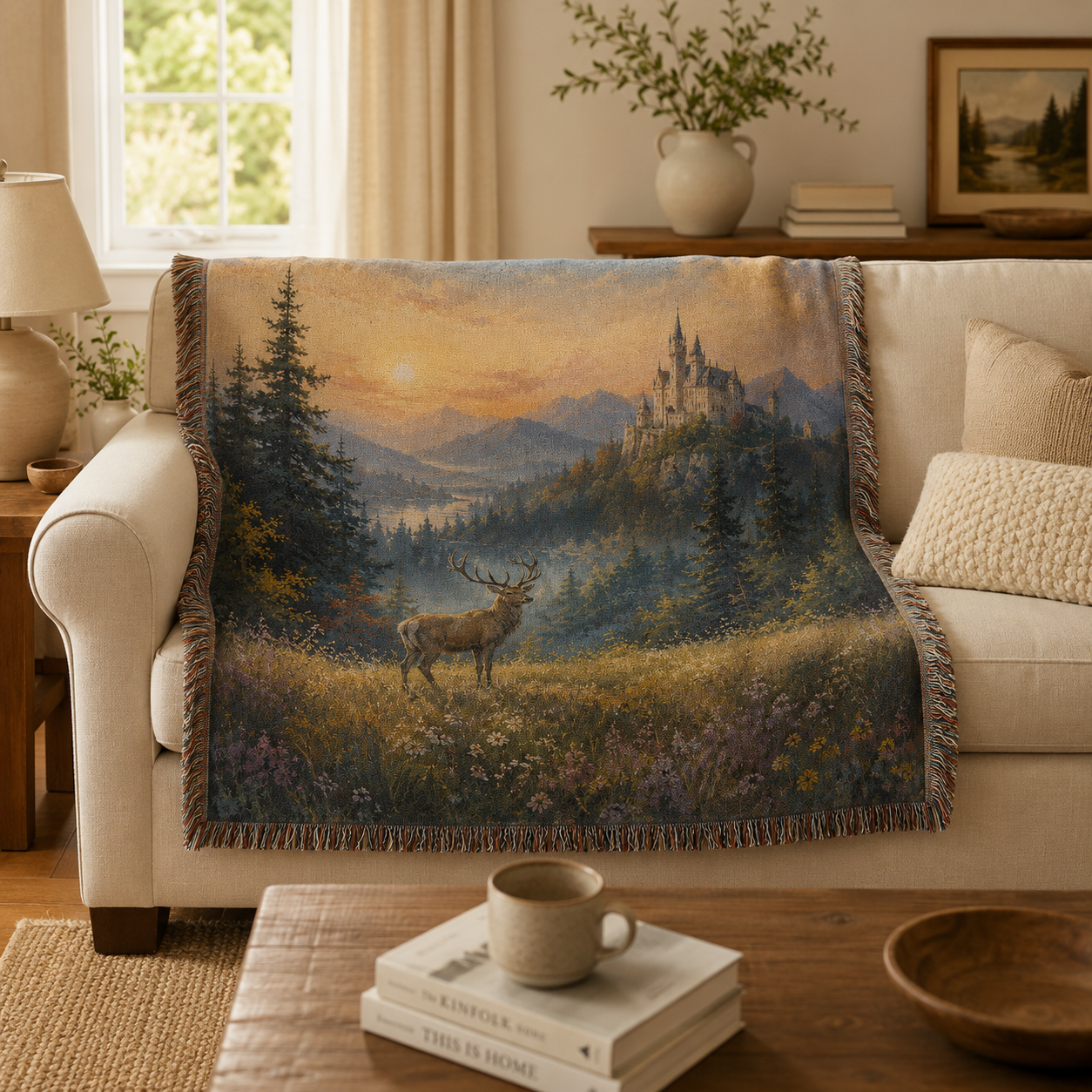 Castle and stag woven blanket styled on a cream sofa