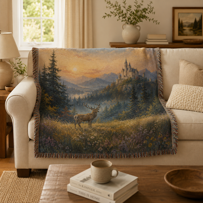 Castle and stag woven blanket styled on a cream sofa