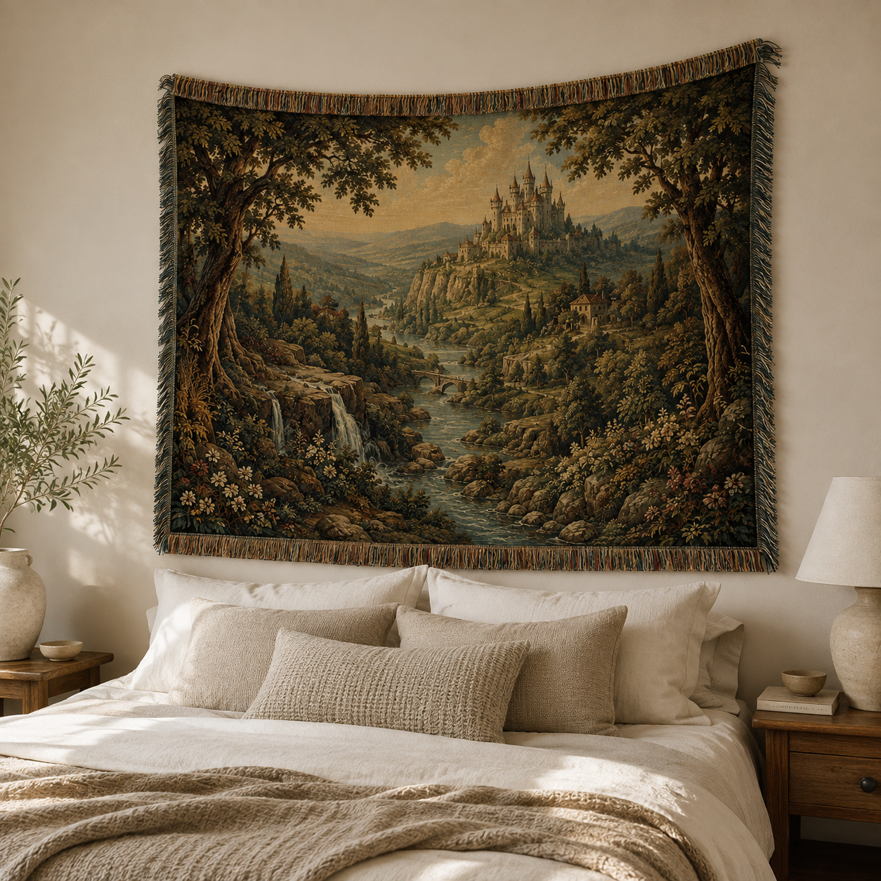 Enchanted castle landscape woven tapestry styled above a warm neutral bedroom bed