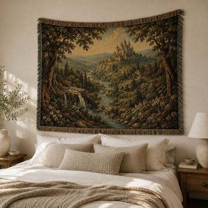 Enchanted castle landscape woven tapestry styled above a warm neutral bedroom bed