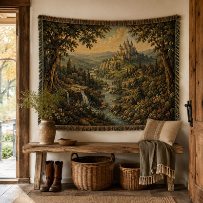 Enchanted castle landscape woven tapestry displayed above a rustic entryway bench