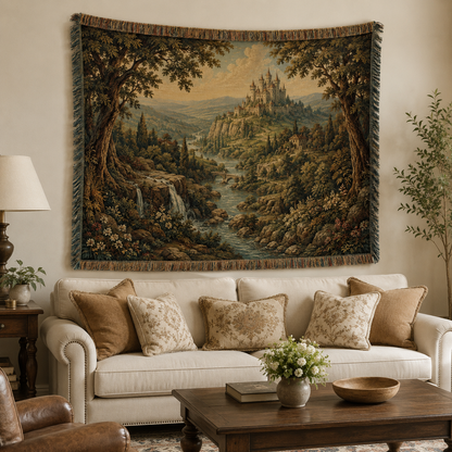 Enchanted castle landscape woven tapestry displayed above a classic living room sofa
