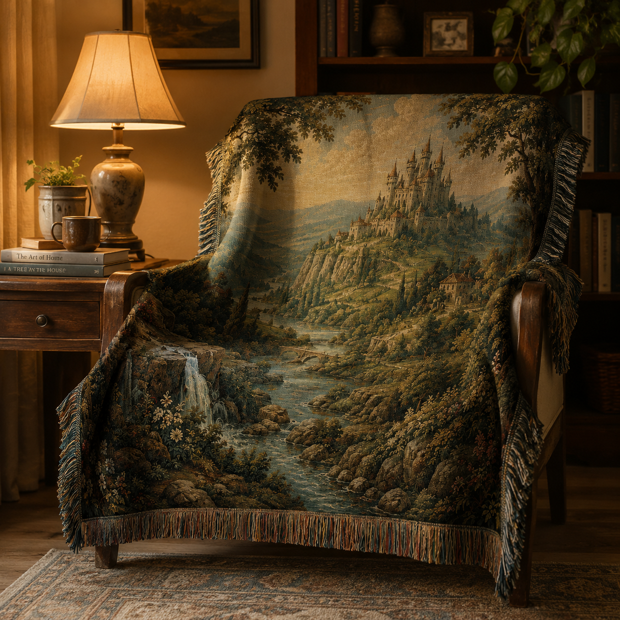 Enchanted castle woven tapestry blanket draped over a wooden armchair in a cozy reading nook