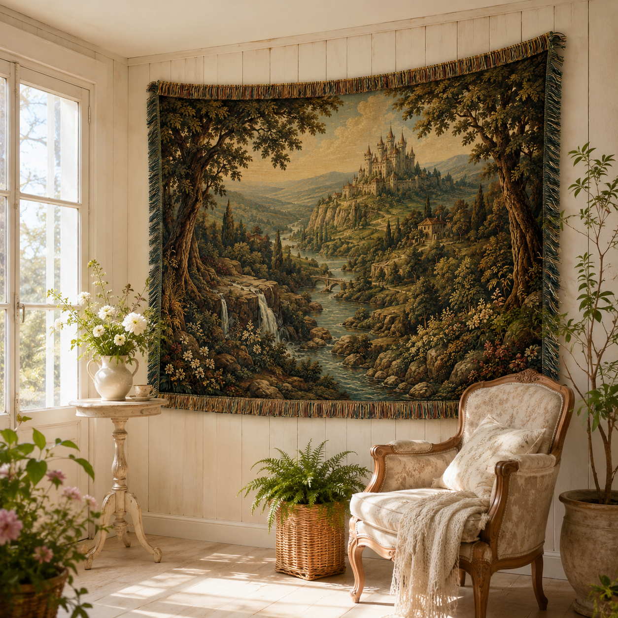 Enchanted castle landscape woven tapestry styled in a bright cottage sunroom