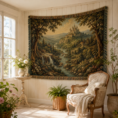 Enchanted castle landscape woven tapestry styled in a bright cottage sunroom