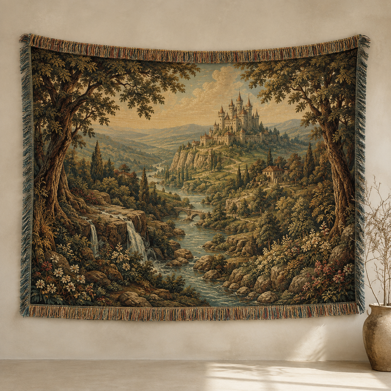 Enchanted castle valley woven tapestry blanket with river, waterfalls and fringed edges