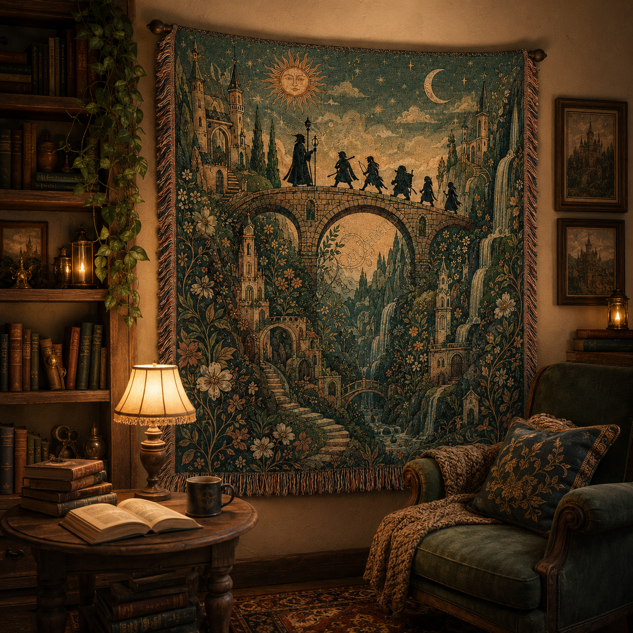 Enchanted fantasy woven tapestry displayed in a cozy storybook reading nook with books, lamp and vintage armchair