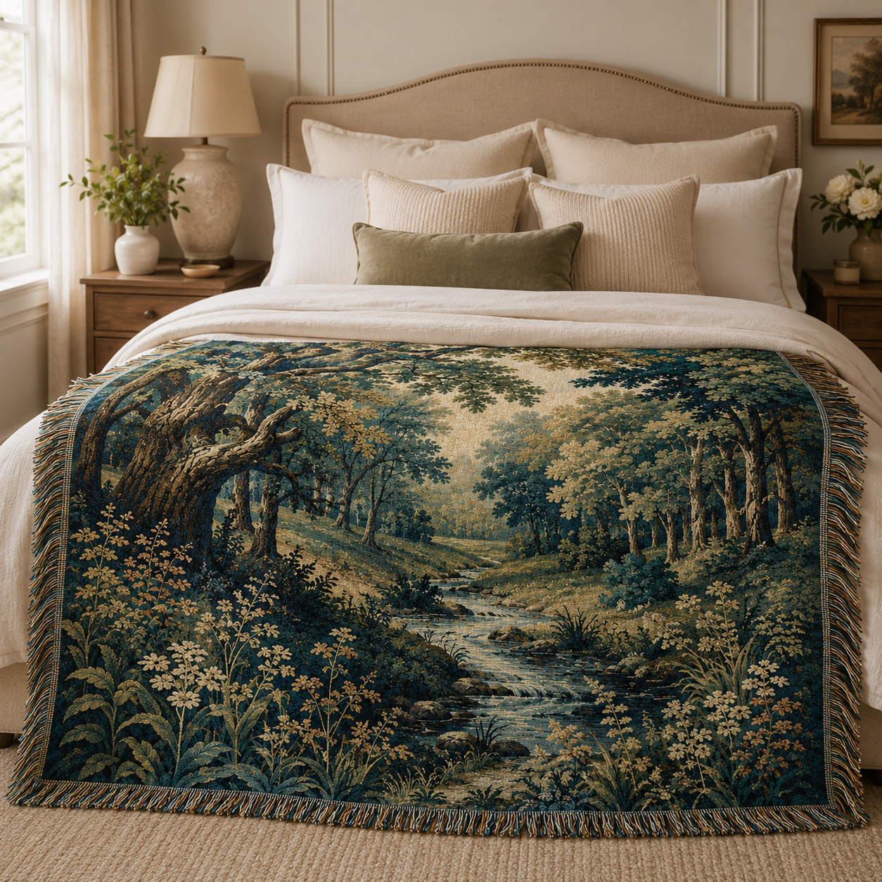 Enchanted forest stream woven blanket styled across the foot of a neutral bedroom bed