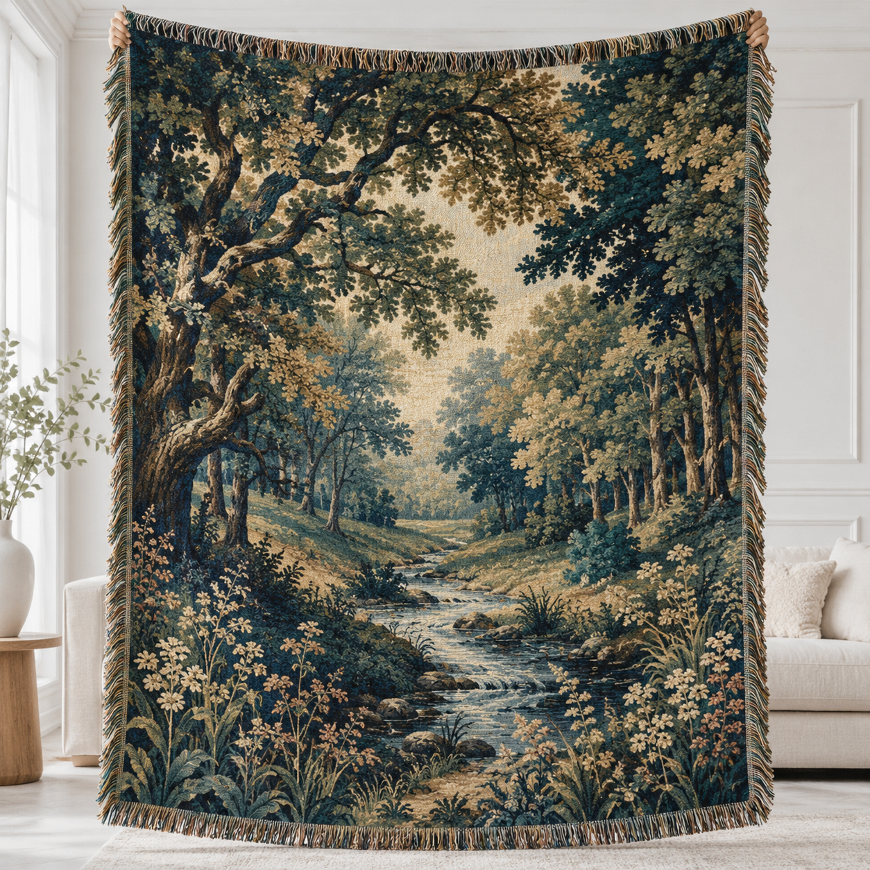 Enchanted forest stream woven blanket shown full front with teal woodland scene and fringe