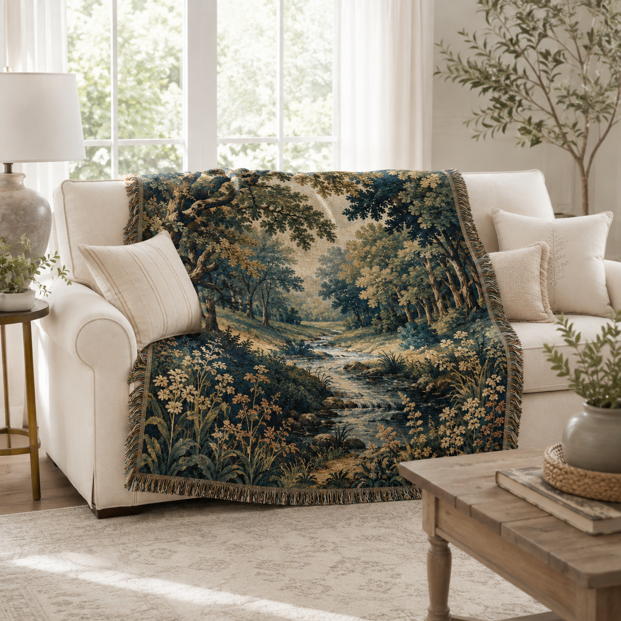 Enchanted forest stream woven blanket draped over a cream sofa in a bright living room