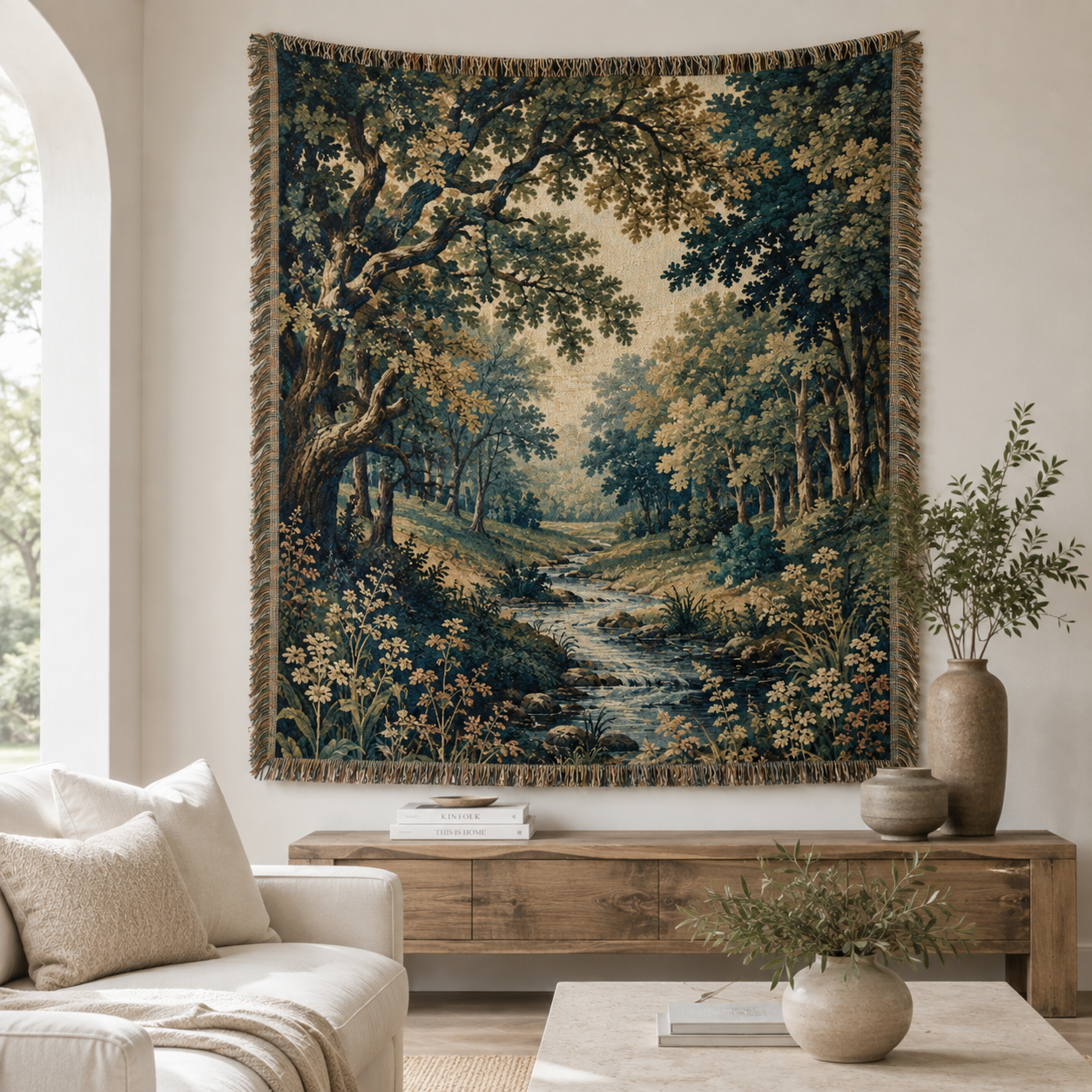 Enchanted forest stream woven blanket displayed as textile wall art above a wooden console