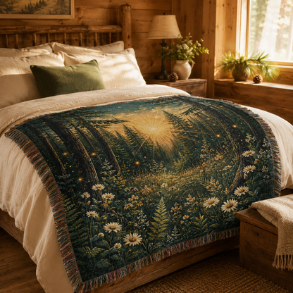 Enchanted forest woven blanket styled across a rustic cabin bed