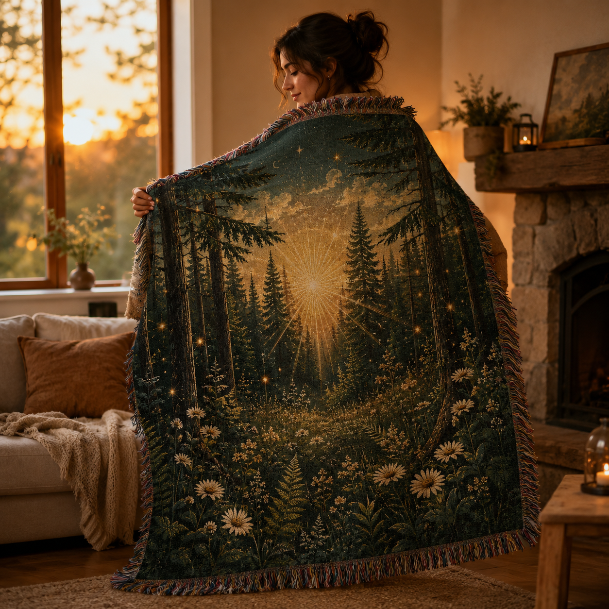 Woman holding an enchanted forest sunburst woven blanket in a cozy cabin