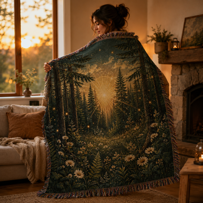 Woman holding an enchanted forest sunburst woven blanket in a cozy cabin