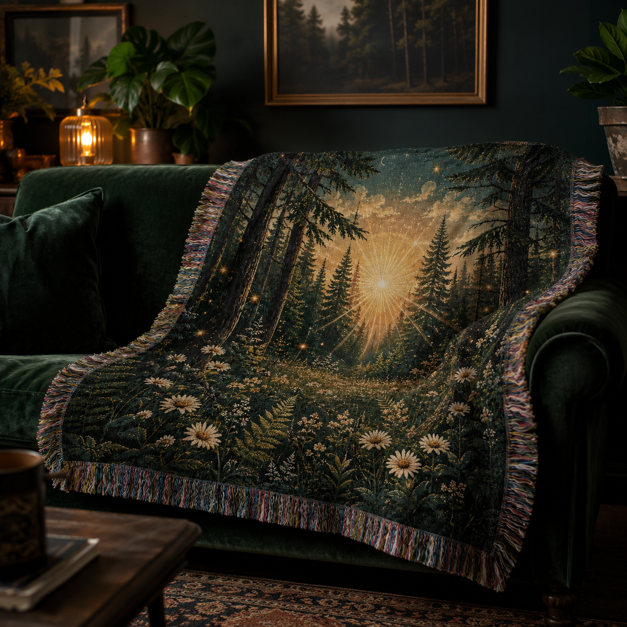 Enchanted forest woven blanket styled on a dark green velvet sofa