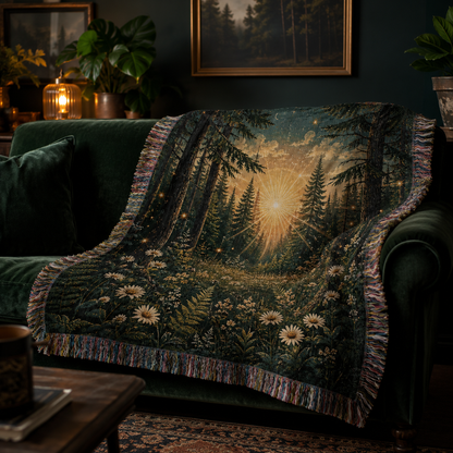 Enchanted forest woven blanket styled on a dark green velvet sofa
